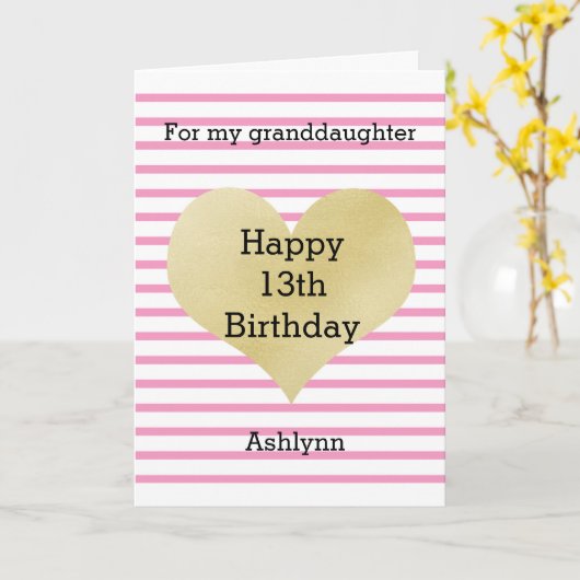 Roze en gouden hart 13e verjaardag kleindochter kaart (Gele Bloem)