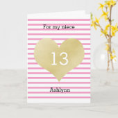 Roze en Gouden Hart 13e Verjaardag Nicht Kaart (Gele Bloem)
