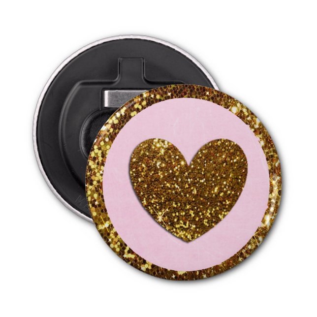 Roze en gouden hart flesopener button flesopener (Voorkant)