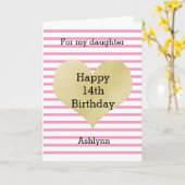 Roze en Gouden Hart Gelukkige 14e Verjaardag Docht Kaart (Gele Bloem)