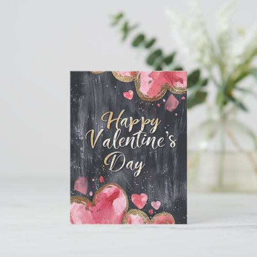 Roze en gouden harten op donkere grond Valentijns' Briefkaart (Staand voorkant)