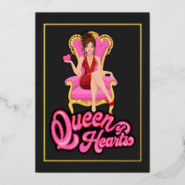 Roze en Gouden Hartenkoningin Verjaardagsfeest Folie Uitnodiging