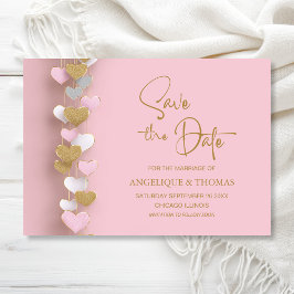 Roze en Gouden Hartjes Huwelijk Save the Date