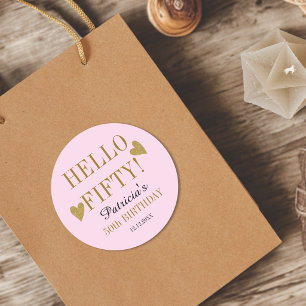 Roze En Gouden Hello Fifty 50ste Verjaardagsfeestj Ronde Sticker