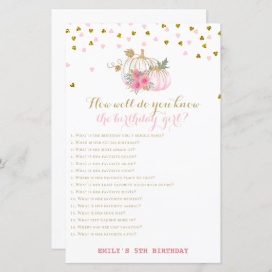 Roze en gouden Herfst Birthday Game, pompoen (Voorkant / Achterkant)