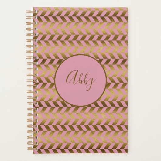 Roze en Gouden Heringbone Gepersonaliseerd Planner (Voorkant)