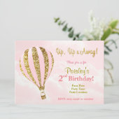 Roze en gouden heteluchtballon uitnodiging voor ve (Staand voorkant)