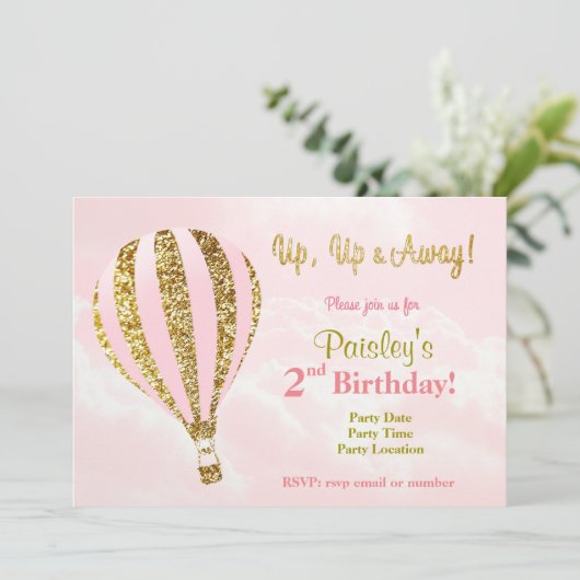 Roze en gouden heteluchtballon uitnodiging voor ve (Staand voorkant)