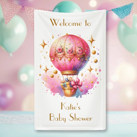 roze en gouden heteluchtballonnen Baby shower Spandoek