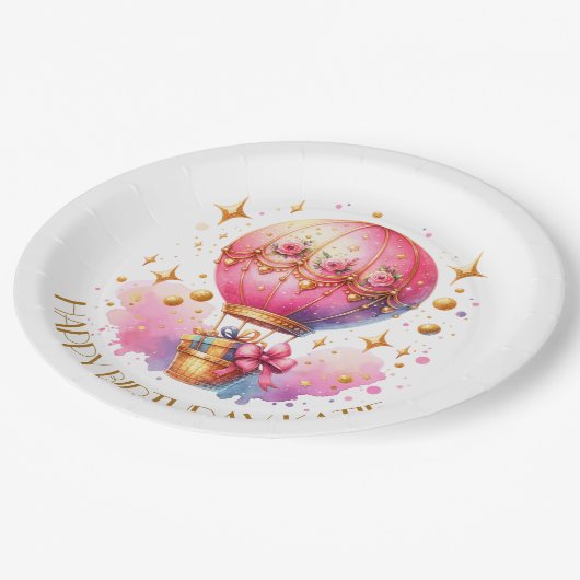 roze en gouden heteluchtballonnen gepersonaliseer papieren bordje (Gekanteld)