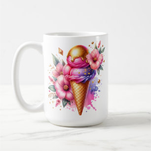 Roze en Gouden Ice Cream Cone Gepersonaliseerd Koffiemok