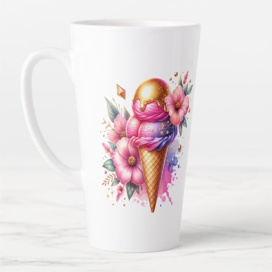  Roze en Gouden Ice Cream Cone Gepersonaliseerd Latte Mok (Links)