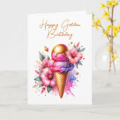  Roze en Gouden Ice Cream Gouden Verjaardag Kaart (Gele Bloem)