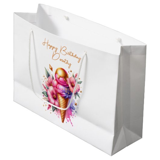 Roze en gouden ijs Gouden Verjaardag Groot Cadeauzakje (Voorkant Gekanteld)