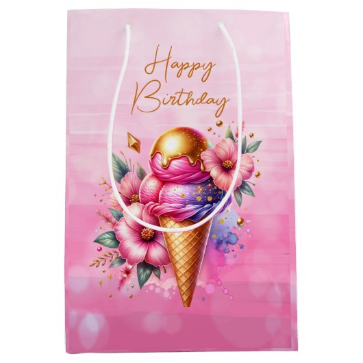 Roze en gouden ijs Gouden Verjaardag Medium Cadeauzakje (Voorkant)