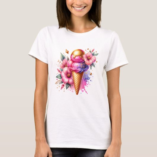  roze en gouden ijsco bloemig t-shirt (Voorkant)