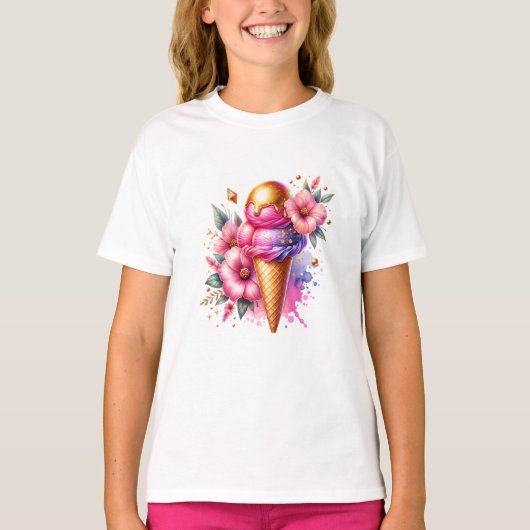 roze en gouden ijsco bloemig t-shirt (Voorkant)