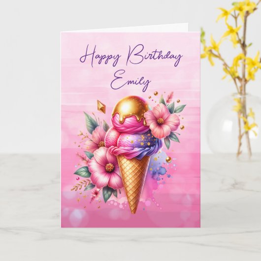  roze en gouden ijsco Verjaardag Kaart (Gele Bloem)