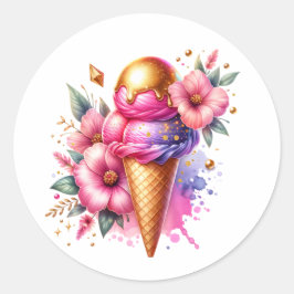  roze en gouden ijsco Verjaardag Ronde Sticker
