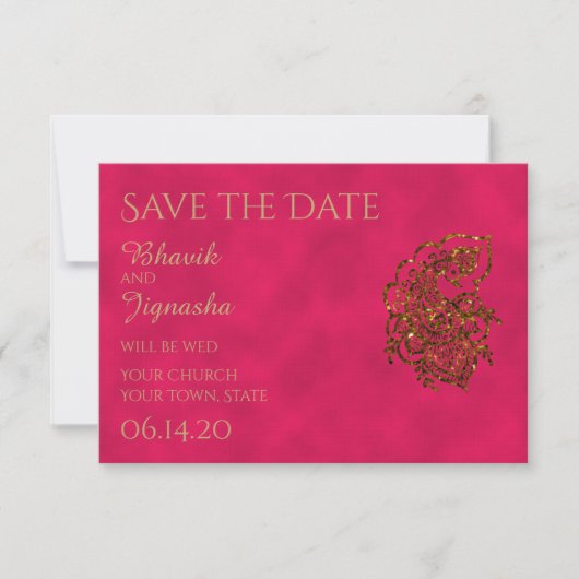 Roze en Gouden Indische Bruiloft Save the Date (Voorkant)