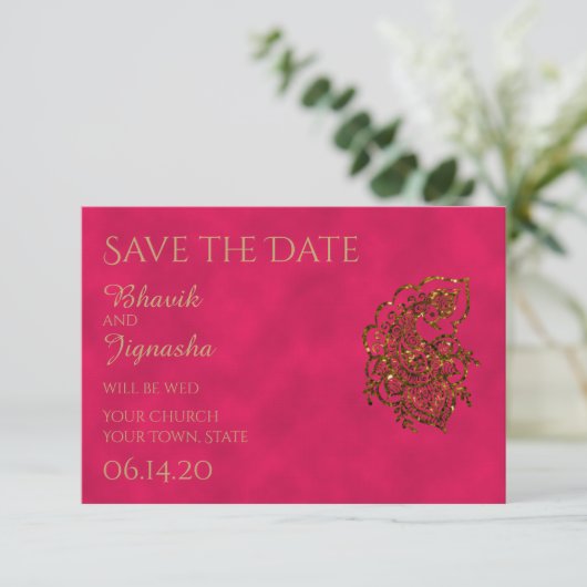 Roze en Gouden Indische Bruiloft Save the Date (Staand voorkant)