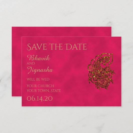 Roze en Gouden Indische Bruiloft Save the Date (Voorkant / Achterkant)