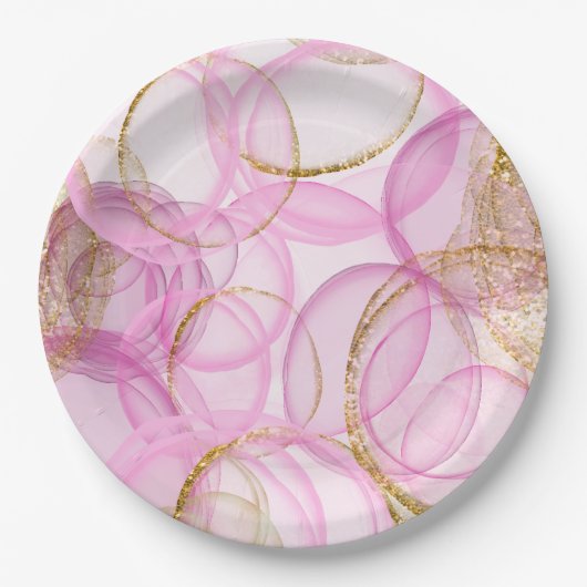 Roze en gouden inkt cirkel patroon papieren bordje (Voorkant)