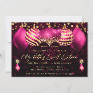 Roze en Gouden Kerstballen Sweet 16 Kaart