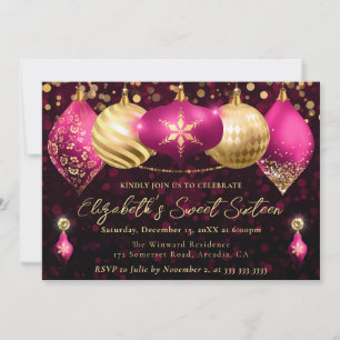 Roze en Gouden Kerstballen Sweet 16 Kaart