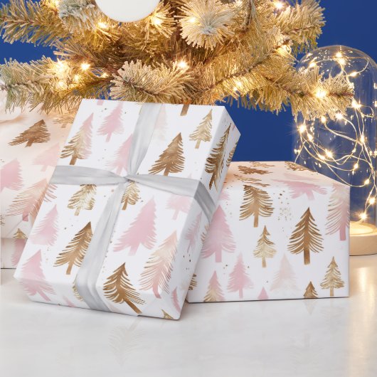 Roze en gouden kerstbomen cadeaupapier (Feestdagen)