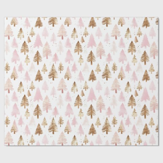 Roze en gouden kerstbomen cadeaupapier (Vlak)