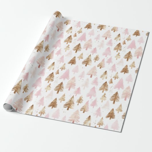 Roze en gouden kerstbomen cadeaupapier (Uitgerold)