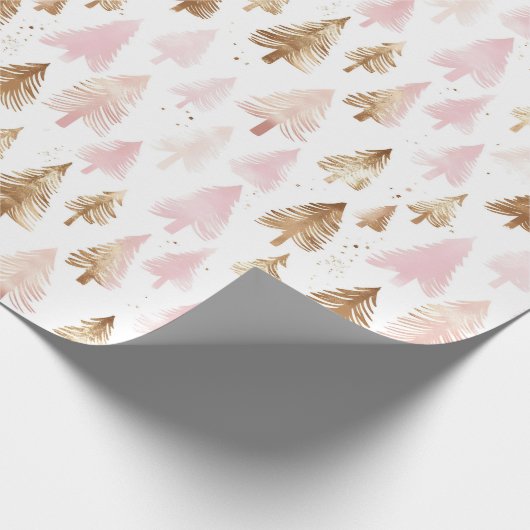 Roze en gouden kerstbomen cadeaupapier (Hoek)