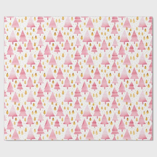 Roze en gouden kerstbomen cadeaupapier (Vlak)