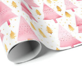 Roze en gouden kerstbomen cadeaupapier (Rol Hoek)