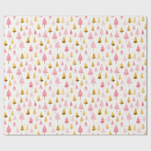 Roze en gouden kerstbomen cadeaupapier (Vlak)