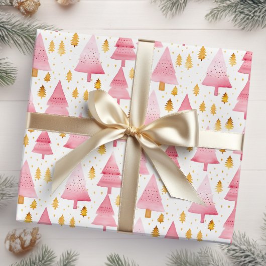 Roze en gouden kerstbomen cadeaupapier