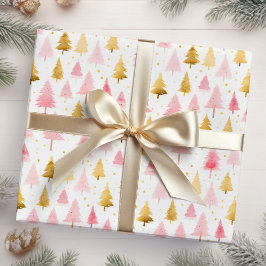 Roze en gouden kerstbomen cadeaupapier