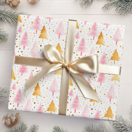 Roze en gouden kerstbomen cadeaupapier