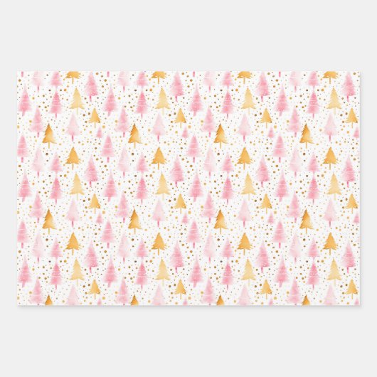 Roze en gouden kerstbomen inpakpapier vel (Voorkant)