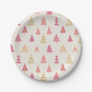 Roze en gouden kerstbomen papieren bordje