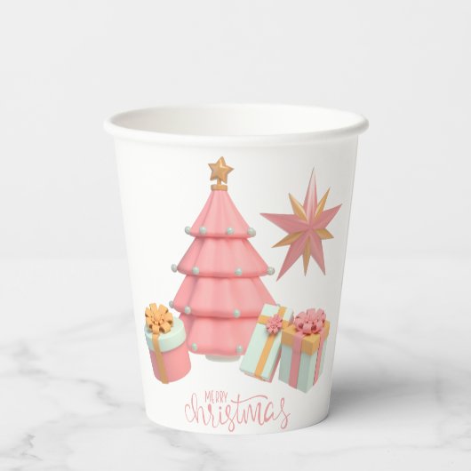 Roze en gouden kerstboom en sterren papieren bekers (Achterkant)