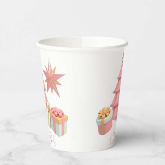 Roze en gouden kerstboom en sterren papieren bekers (Links)