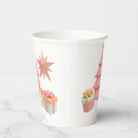 Roze en gouden kerstboom en sterren papieren bekers (Rechts)