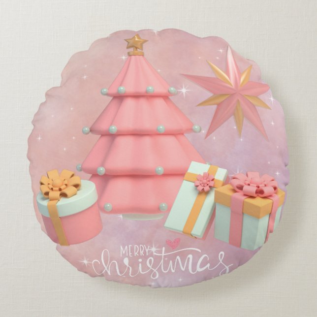 Roze en gouden kerstboom en sterren rond kussen (Voorkant)