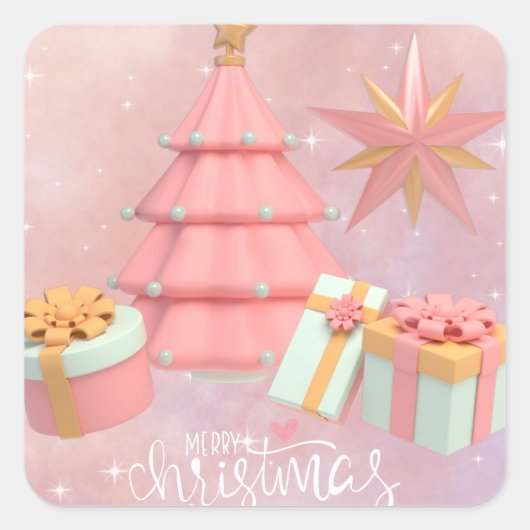 Roze en gouden kerstboom en sterren vierkante sticker (Voorkant)