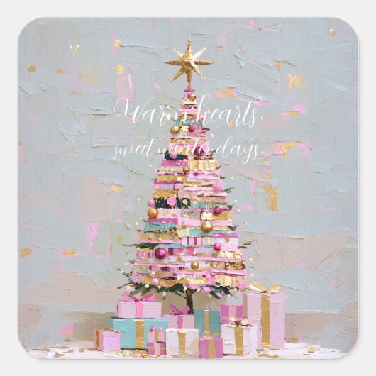 Roze en gouden kerstboom met impasto-effect vierkante sticker (Voorkant)