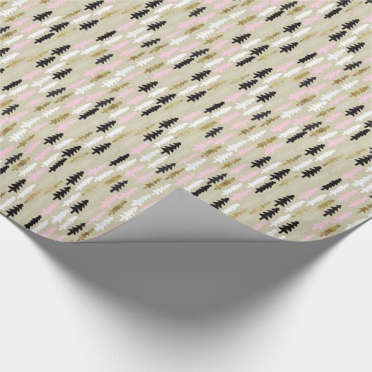 Roze en gouden kerstboompluis cadeaupapier (Hoek)