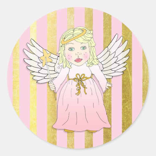 Roze en gouden kerstengel ronde sticker (Voorkant)