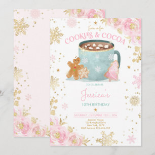 Roze en gouden kerstkoekjes en cacao van de dag kaart